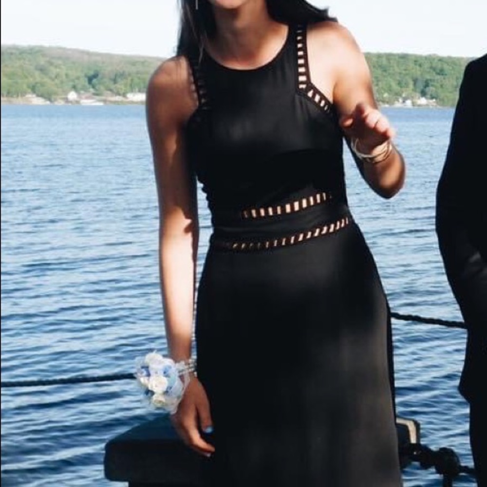 TOBI Black High Neck Gown with Cutouts. Perfect for Prom or Formal!